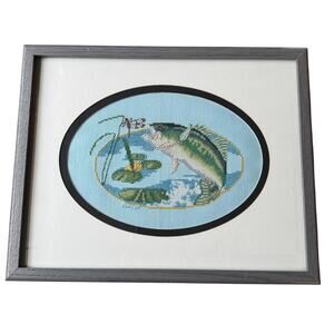 Largemouth Bass Fishing Cross Stitch Framed Needlework Lake Scene Wall Art 12x15